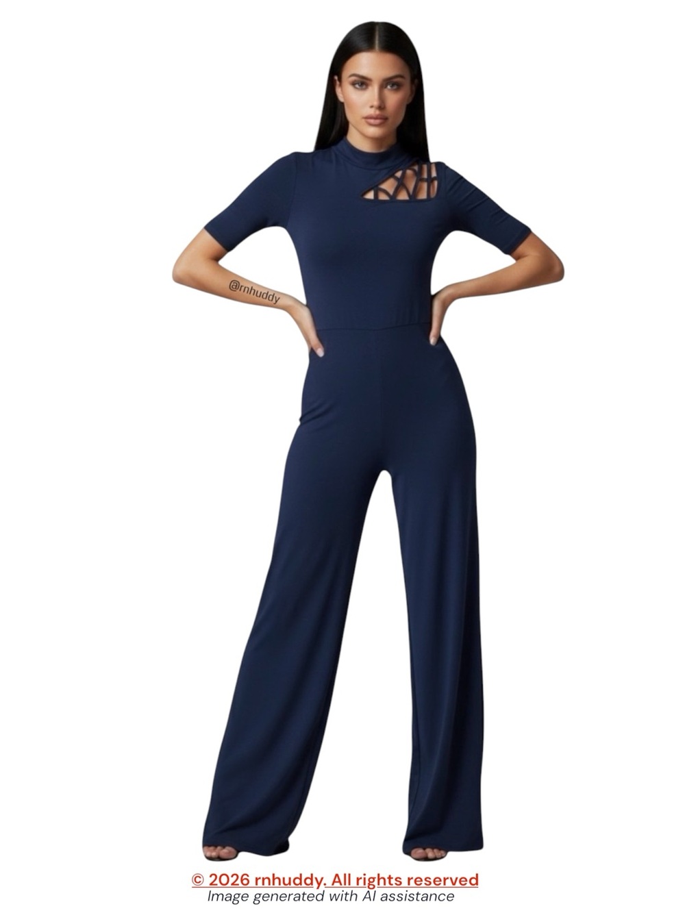 Venus XS navy jersey knit wide leg grid cutout shoulder jumpsuit